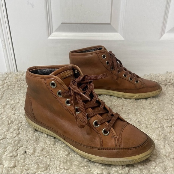 Ecco Brown Tan Leather High Top Sneakers 7.5 - Picture 1 of 8